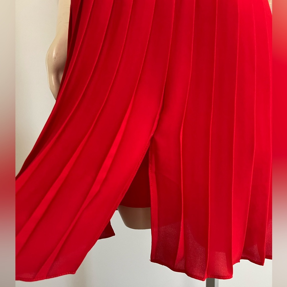 NWT BCBGMaxAzria “Freja” Red Sheer Panel Pleated Dress - Picture 7 of 11